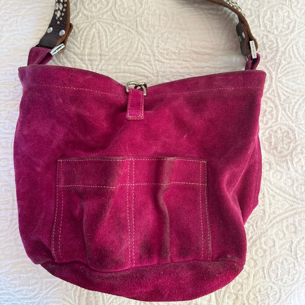 Fuscia suede Tylie Malibu bucket bag with silver and pink rhinestones